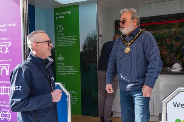 EKFB's Head of Community Engagement David Griffith-Allen and Mayor of Brackley Don Thompson at the external launch of EKFB's mobile visitor centre on March 8. (photo credit Jeff Russell with HS2)