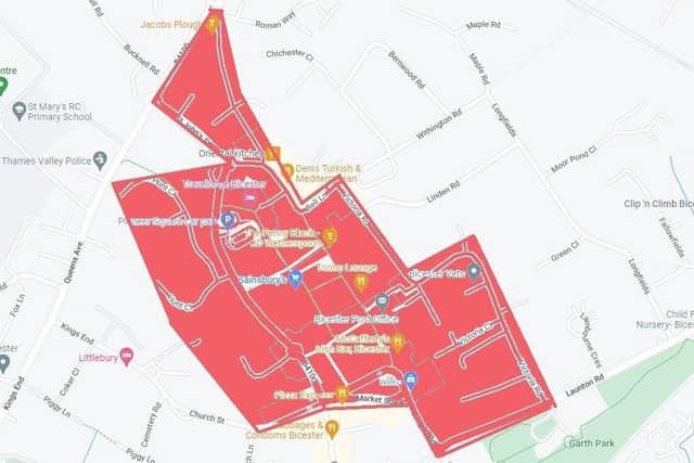 Police issue 48-hour Dispersal Order due to rise in anti-social behaviour reports in Bicester (Red area in photo is the area of town for the Dispersal Order from TVP Cherwell)