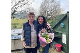 Steve Taylor presented Pip Blair with a bouquet during an emotional reunion at Winchcombe Farm, a holiday retreat he runs with his wife Jo Carroll, in Upper Tysoe. Photo supplied