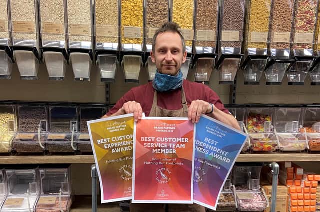 Dan Ludlow, the co-owner of Nothing But Footprints, won title of Best Customer Service Team Member and Best Customer Experience in the brand awards hosted by Castle Quay Shopping Centre for its tenants. (Submitted photo)