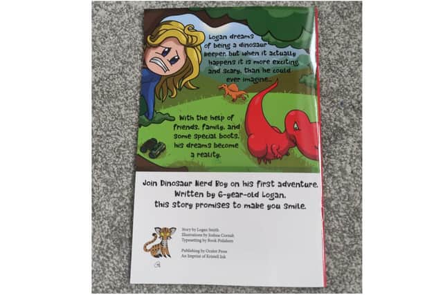 The back cover of the newly published comic book written by six-year-old Logan Smith (photo from his mother Samantha H.K. Smith)