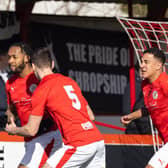 Jaanai Gordon celebrates after he scored his first goal for Brackley Town in last weekend's 2-1 win over AFC Telford United. Picture by Glenn Alcock