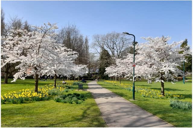 Trees and flowers in full bloom at People's Park in the town centre of Banbury