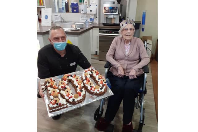 Edith Adelaide Carter, a resident at Care UK’s Highmarket House, celebrated her 100th birthday with a cake on April 7 (Image from Highmarket House)