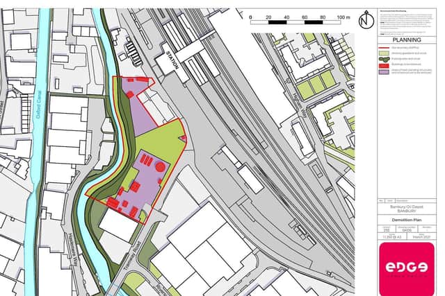 Illustration of the buildings (in red) due to be demolished in the redevelopment proposal for the Banbury Oil Depot (Image from the planning application submitted to Cherwell District Council)