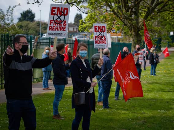 Unite the Union organised a Covid-secure demonstration outside the JDE factory. Picture by Milesimages at Milesimages.com