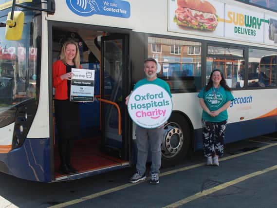 Karen Coventry of Stagecoach with Douglas Graham, CEO and Emily Waddell, Community Fundraising Manager, both of Oxford Hospitals Charity who welcome the dementia 'bus stop'