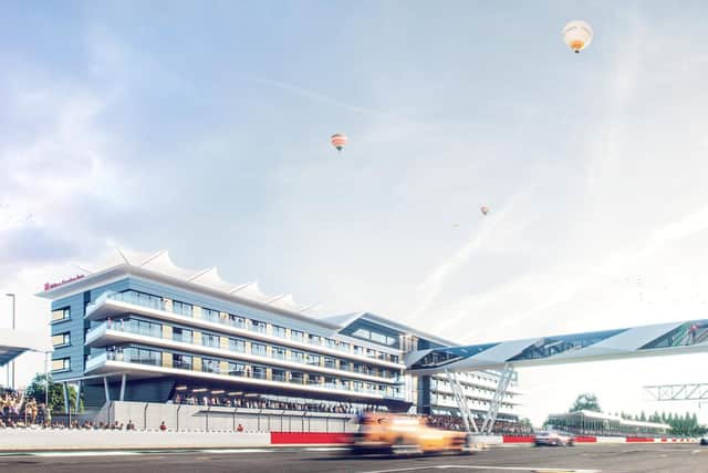 How the Hilton Garden Inn Silverstone will look once completed, with views over the final straight at the home of British motorsport