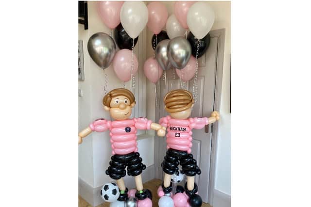 Banbury balloon artist Kerry Jay Binns made a mini versions of David Beckham for his birthday. Kerry delivered the balloons to the Beckham's Banburyshire home over the weekend. (Image from Kerry Jay Binns)