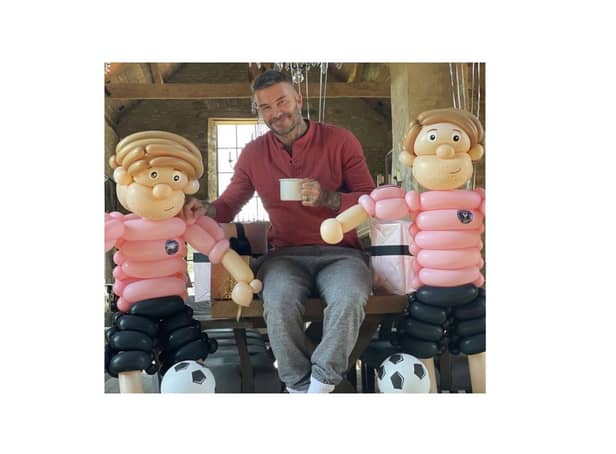 David Beckham with mini versions of himself made by Banbury balloon artist Kerry Jay Binns. (Image from Kerry Jay Binns with permission, which was shared on Victoria Beckham's Instagram page over the weekend)
