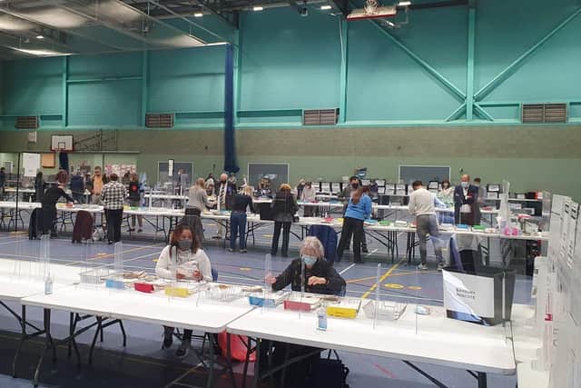 Counting of the votes for Oxfordshire County Council is well underway in the Spiceball Leisure Centre in Banbury (Image from David Lynch local democracy reporter)