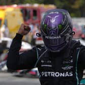 Lewis Hamilton celebrates his 98th GP victory