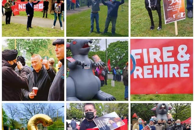Images from the Unite the Union demonstrations outside the JDE factory where fire and rehire practice is being used