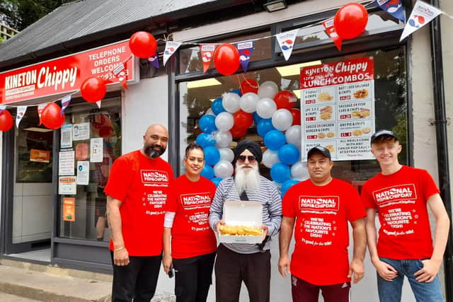 The Kineton Chippy is celebrating National Fish and Chip Day by offering people a free beer with any fish & chip purchase. Children get a cupcake with each fish & chip purchase. (Pictured: Sukhpreet Singh, the chippy's owner, his wife, Juskiran Kaur, her father Makhan Singh, Nirmal Singh and Reece Ballinger)