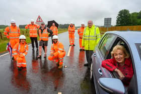 Rt Hon Dame Andrea Leadsom DBE, MP for South Northamptonshire, West Northamptonshire Council Cllr Phil Larratt, and Nigel Galletly, chair of Chipping Warden and Edgcote Parish Council join HS2 staff and contractors at the opening of the Chipping Warden relief road. (submitted photo)