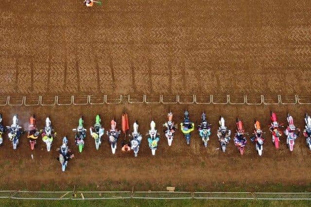 Competitors are pictured at the start of a race at the Wroxton track