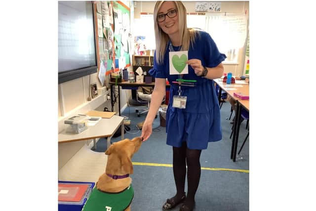 Lily, Dashwood's therapy dog getting a fruit treat from Blythe Williams.