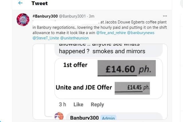 A Tweet sent by the Banbury30 group accusing Unite of 'smoke and mirrors'