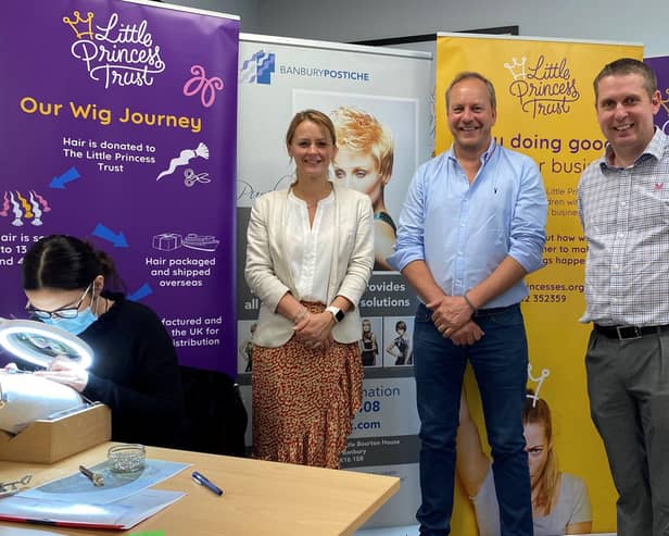 The Little Princess Trust charity has chosen Banbury Postiche to fulfil its real hair wig requirements. Pictured: Wendy Tarplee-Morris, The Little Princess Trust’s research manager, Phil Brace, chief executive of The Little Princess Trust and Nick Allen, owner of Banbury Postiche
