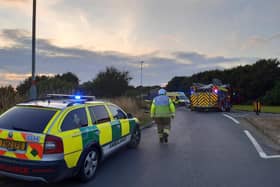 Emergency services respond to a single-vehicle collision on the Banbury Road outside Brackley which left a woman in her 70s injured last night, Tuesday August 3 (Photo from Northamptonshire Fire and Rescue Service)