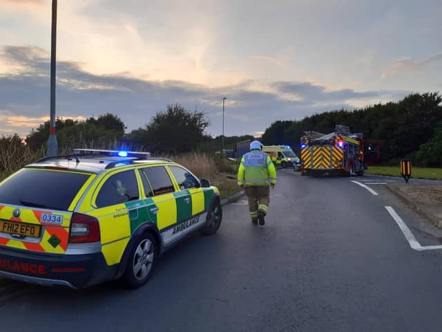 Emergency services respond to a single-vehicle collision on the Banbury Road outside Brackley which left a woman in her 70s injured last night, Tuesday August 3 (Photo from Northamptonshire Fire and Rescue Service)