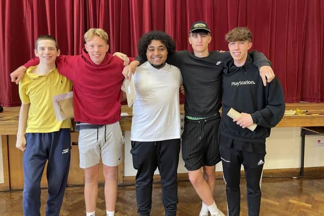 Shane Tyler-Perkins, Max Dale, Kai Boucher, Henry Ford, Jacob Jobling collect their A level results from Kineton High School (Image from Kineton School)