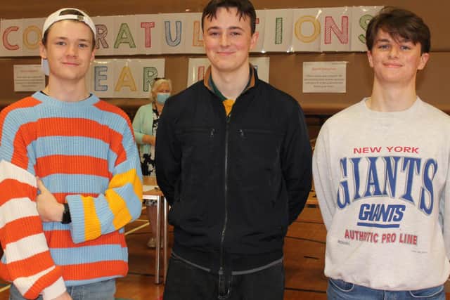 Chenderit School students - Max McNeil, Joel Corbishley and Tristan Boulton collect their A-level results (Image from Chenderit School)