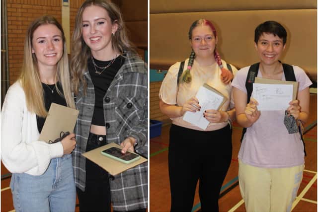 Chenderit School students - 2  Harriet Sleem, Libby Wood, Amy Bullock and Ella Manning - collect their A-level results. (Images from Chenderit School)