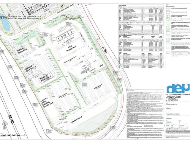 Property developers Monte Blackburn Ltd have submitted a planning application for a new development, which includes a 240-bed hotel, four-storey office building, and roadside services including two hot food restaurant drive-throughs, a coffee shop drive-through, and a petrol station. (Image from Cherwell District Council planning application)