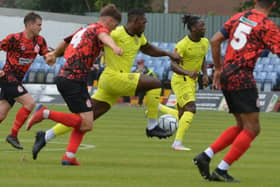 Lee Ndlovu was on target again as Brackley Town beat Leamington in their first home game of the season. Picture by Brian Martin