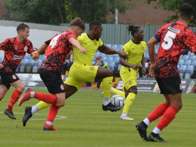 Lee Ndlovu was on target again as Brackley Town beat Leamington in their first home game of the season. Picture by Brian Martin