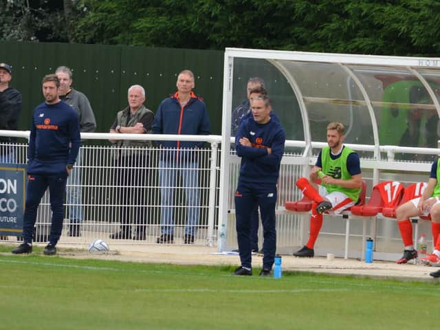 Kevin Wilkin watches on during Brackley Town's 2-1 win over Leamington on Bank Holiday Monday. Picture by Brian Martin