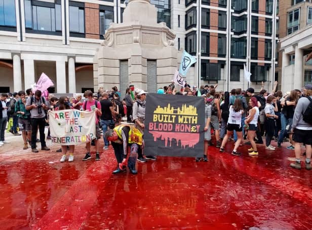 Fake blood used as part of the protests in London where members of Banbury Extinction Rebellion took part