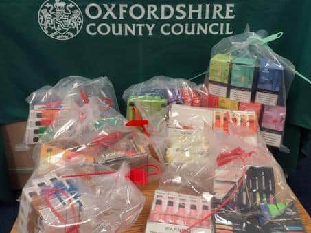 Residents who vape are being warned about the dangers of illegal, disposable e-cigarettes after hundreds of such products were found and seized from 13 stores across the Cherwell area. (Image from Oxfordshire County Council)