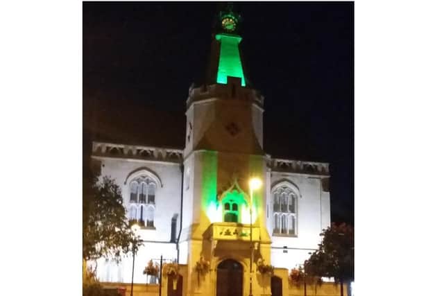 Banbury town hall will glow green on Monday September 20 to highlight the start of a countrywide waste recycling campaign. (Image from Banbury Town Council)