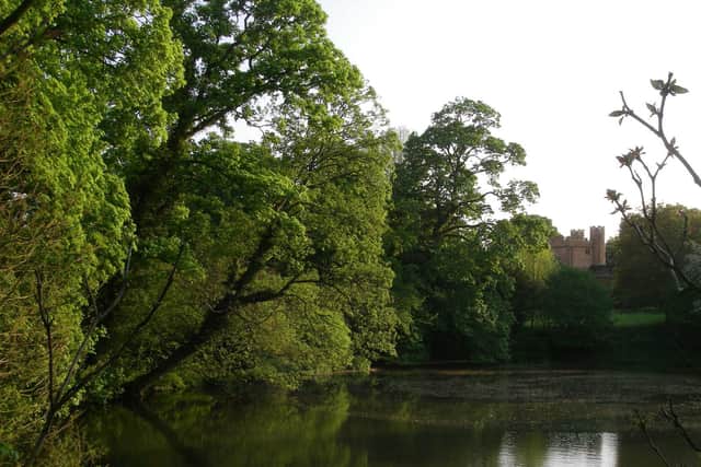 Hanwell Castle grounds - looking across the lake from farside. The tower is the only survivor of the four built in 1500-1520, the others having been demolished ca. 1780