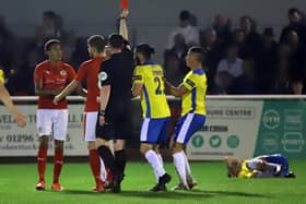 James Armson was sent off during the first half of Brackley Town's 3-1 home defeat to Darlington. Pictures by Peter Short