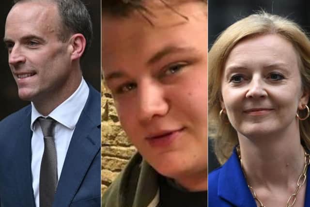 (L-R) Dominic Raab, Harry Dunn and Liz Truss. Photos: family handout and Getty Images