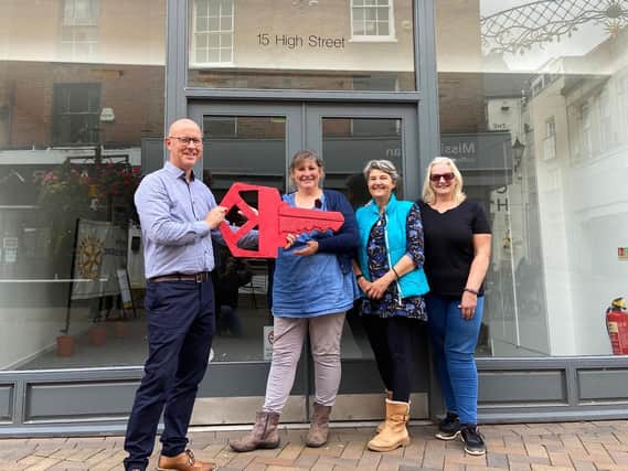 Orinoco Team & Neil Wild, Meanwhile in Oxfordshire Project Partner, during the handover the big red key  (photo credit Makespace Oxford)