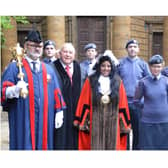 Banbury Town Mayor Shaida Hussain is joined outside St Mary’s by town clerk Mark Recchia, macebearer Stuart Bennett and Royal Air Force cadets. (photo from Banbury Town Council)