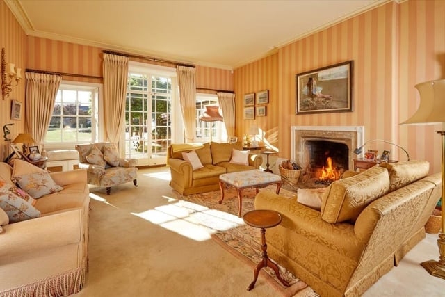 The large reception hall leads to a beautiful drawing room with an open fireplace.
