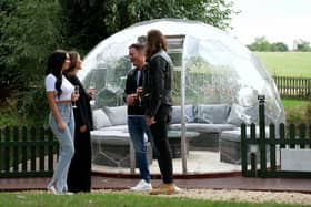 Gary Lucy and Pete Wicks with their dates outside a pod.  Photo by Lime Pictures