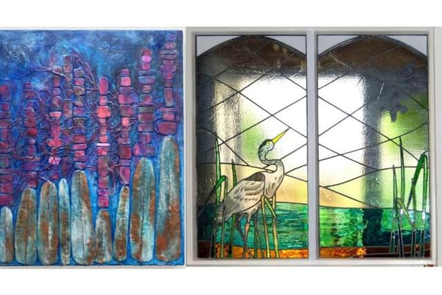 Asha Pearse's painting (L) and Philip Dove's stained glass Heron.