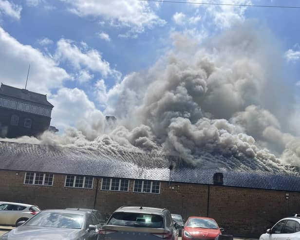 The fire tore through the roof of the stable block at Hook Norton Brewery yesterday.