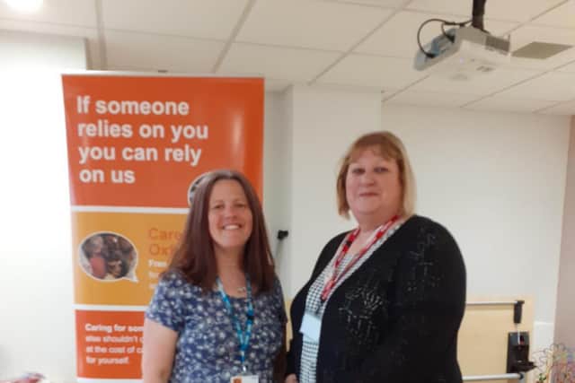 Sarah Hogben from the Banbury Cross Health Centre with Carer Oxfordshire's outreach worker Moira Collier.