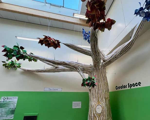 The completed tree sculpture in the library, which has earnt the school the silver Artsmark award.