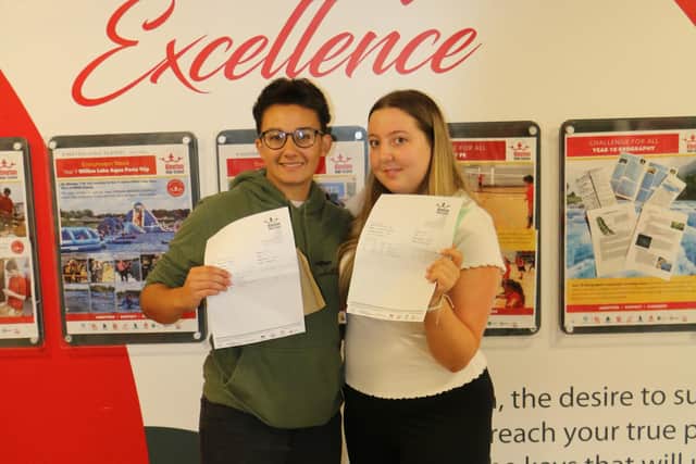 Kineton High School's Melissa Morley and Annabelle Bailey celebrate with their results.