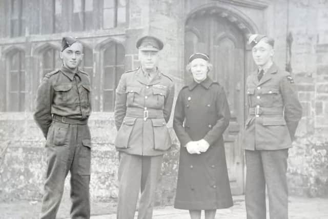 Nathaniel Fiennes outside Broughton Castle with his parents and young brother Ingelram Ivo Twistleton-Wykham-Fiennes, who was shot down and killed in 1941 aged 19