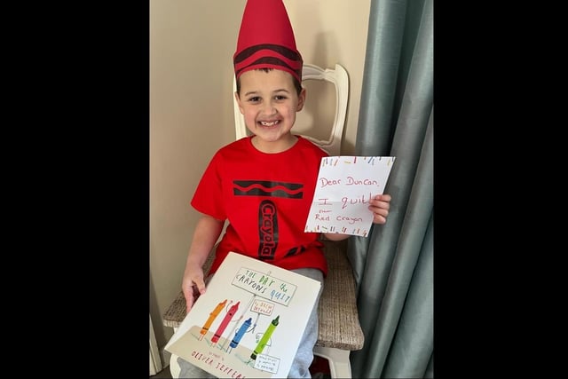 Leo aged 8 as the Red Crayon from The Day the Crayons Quit.