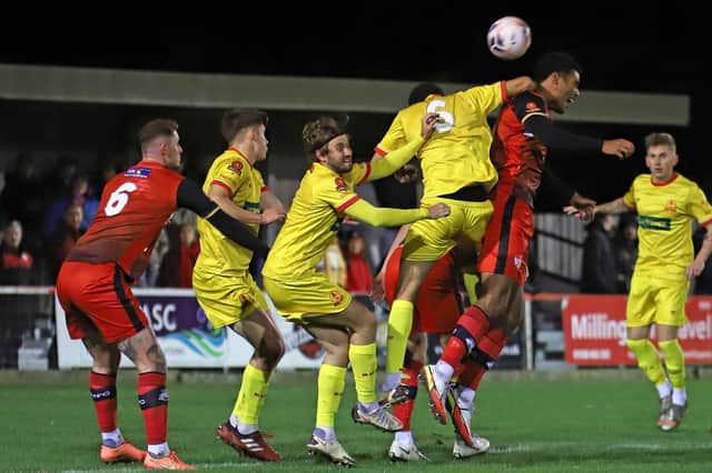 Action from the 0-0 draw between Kettering Town and Banbury United at Latimer Park. Pictures by Peter Short